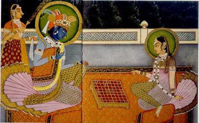 An illustration of Krishna and Radha playing Chaturanga.